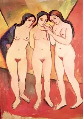 Macke, August: Tři nahé dívky (červená a oranžová)